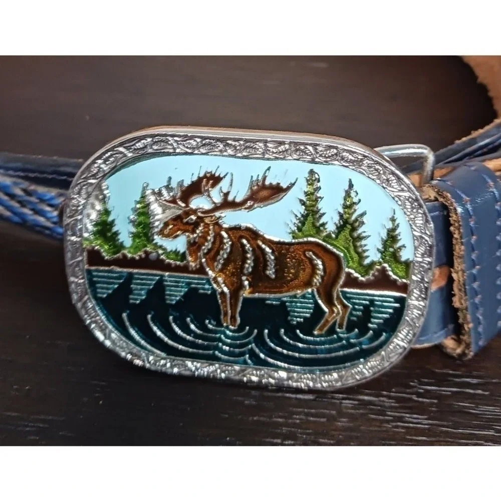 Moose Buckle Leather Belt Men's 34 Blue Western Made USA Novelty Hunting